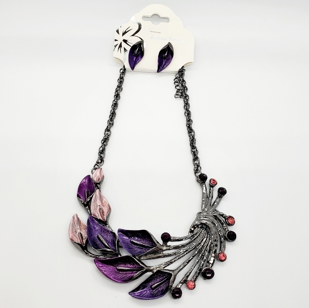 Fashion Jewelry Purple Peacock Metal Statement Necklace & Earring Set - Picture 3 of 4